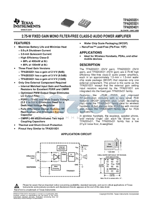 TPA2032D1 datasheet - 2.75-W FIXED GAIN MONO FILTER-FREE CLASS-D AUDIO POWER AMPLIFIER