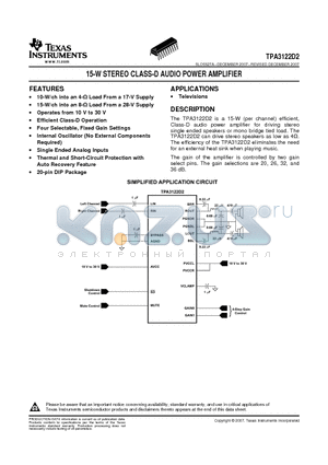TPA3122D2 datasheet - 15-W STEREO CLASS-D AUDIO POWER AMPLIFIER