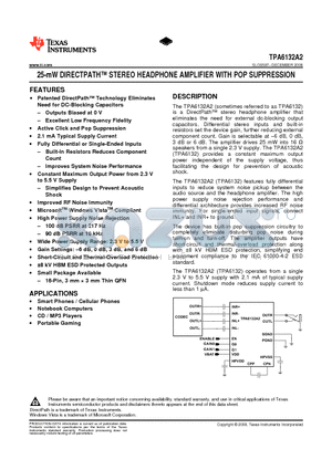 TPA6132A2RTET datasheet - 25-mW DIRECTPATH STEREO HEADPHONE AMPLIFIER WITH POP SUPPRESSION