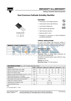MBR4060PT datasheet - Dual Common-Cathode Schottky Rectifier