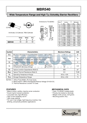 MBR540 datasheet - Wide Temperature Range and High Tjm Schottky Barrier Rectifiers