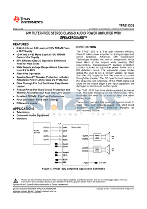 TPA3113D2PWP datasheet - 6-W FILTER-FREE STEREO CLASS-D AUDIO POWER AMPLIFIER WITH SPEAKERGUARD