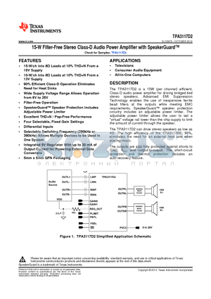 TPA3117D2 datasheet - 15-W Filter-Free Stereo Class-D Audio Power Amplifier