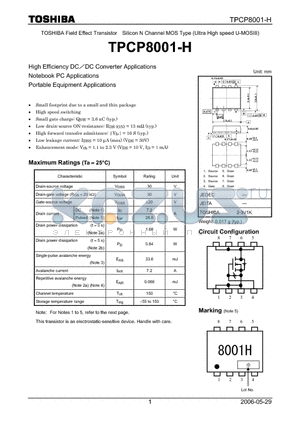 TPCP8001-H datasheet - TOSHIBA Field Effect Transistor Silicon N Channel MOS Type (Ultra High speed U-MOSIII)