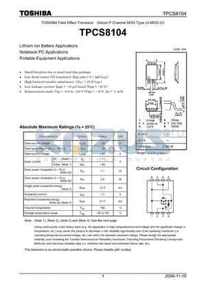 TPCS8104 datasheet - Lithium Ion Battery Applications Notebook PC Applications Portable Equipment Applications