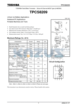 TPCS8209 datasheet - TOSHIBA Field Effect Transistor Silicon N Channel MOS Type (U-MOSIII)