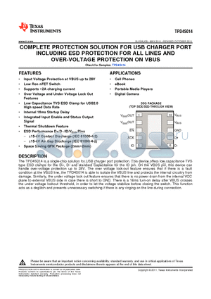 TPD4S014 datasheet - COMPLETE PROTECTION SOLUTION FOR USB CHARGER PORT INCLUDING ESD PROTECTION FOR ALL LINES AND