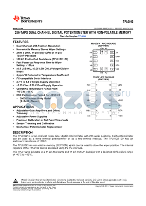 TPL0102-100PWR datasheet - 256-TAPS DUAL CHANNEL DIGITAL POTENTIOMETER WITH NON-VOLATILE MEMORY