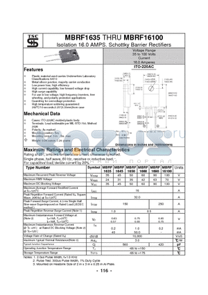 MBRF1645 datasheet - Isolation 16.0 AMPS. Schottky Barrier Rectifiers