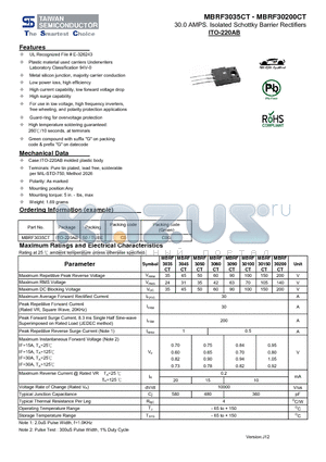 MBRF30200CT datasheet - 30.0 AMPS. Isolated Schottky Barrier Rectifiers