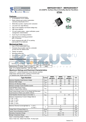 MBRS20H100CT datasheet - 20.0AMPS. Surface Mount Schottky Barrier Rectifiers