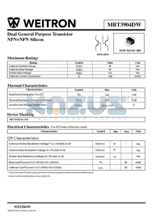 MBT3904DW datasheet - Dual General Purpose Transistor NPNNPN Silicon
