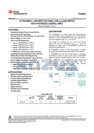 TPS22934YZVT datasheet - ULTRA-SMALL LOW-INPUT-VOLTAGE LOW rON LOAD SWITCH WITH HYSTERESIS CONTROL INPUT