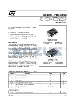 XPD54008 datasheet - RF POWER TRANSISTORS The LdmoST Plastic FAMILY