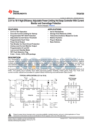 TPS24720RGT datasheet - 2.5-V to 18-V High-Efficiency Adjustable Power-Limiting Hot-Swap Controller With Current