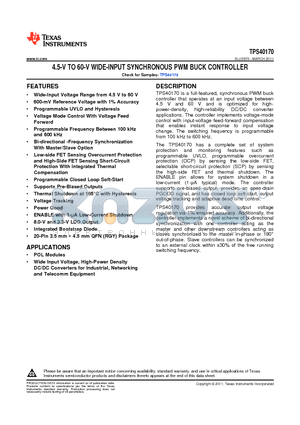 TPS40170_11 datasheet - 4.5-V TO 60-V WIDE-INPUT SYNCHRONOUS PWM BUCK CONTROLLER