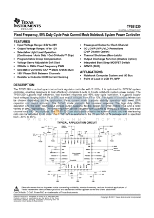 TPS51220 datasheet - Fixed Frequency, 99% Duty Cycle Peak Current Mode Notebook System Power Controller