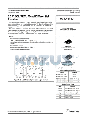 MC100ES6017DWR2 datasheet - 3.3V ECL/PECL Quad Differential Receiver