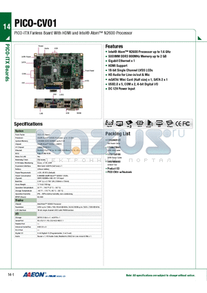 PICO-CV01-A10 datasheet - PICO-ITX Fanless Board With HDMI and Intel Atom N2600 Processor