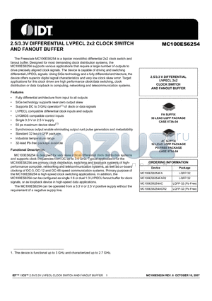 MC100ES6254FAR2 datasheet - 2.5/3.3V DIFFERENTIAL LVPECL 2x2 CLOCK SWITCH AND FANOUT BUFFER