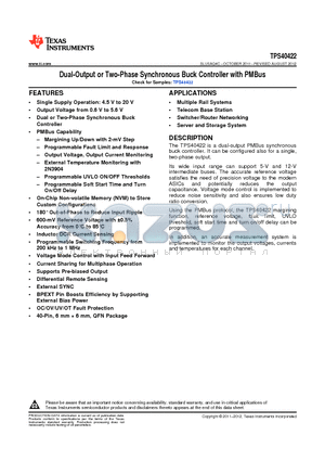 TPS40422 datasheet - Dual-Output or Two-Phase Synchronous Buck Controller with PMBus