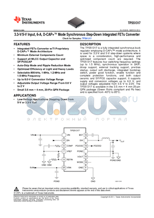 TPS51317RGBT datasheet - 3.3-V/5-V Input, 6-A, D-CAP Mode Synchronous Step-Down Integrated FETs Converter
