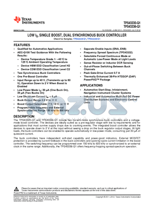 TPS43335-Q1 datasheet - LOW IQ, SINGLE BOOST, DUAL SYNCHRONOUS BUCK CONTROLLER