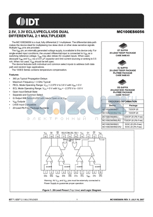 MC100ES6056EJR2 datasheet - 2.5V, 3.3V ECL/LVPECL/LVDS DUAL DIFFERENTIAL 2:1 MULTIPLEXER