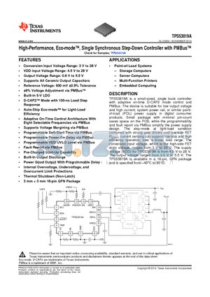 TPS53819A datasheet - High-Performance, Eco-mode, Single Synchronous Step-Down Controller with PMBus