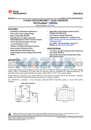 TPS54160QDRCRQ1 datasheet - 1.5-A 60-V STEP-DOWN SWIFT DC/DC CONVERTER WITH Eco-Mode CONTROL
