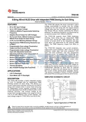 TPS61196 datasheet - 6-String 400-mA WLED Driver with Independent PWM Dimming for Each String
