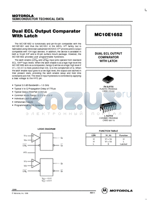 MC10E1652 datasheet - DUAL ECL OUTPUT COMPARATOR WITH LATCH