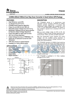 TPS62420 datasheet - 2.25MHz 600mA/1000mA Dual Step Down Converter In Small 3x3mm QFN Package