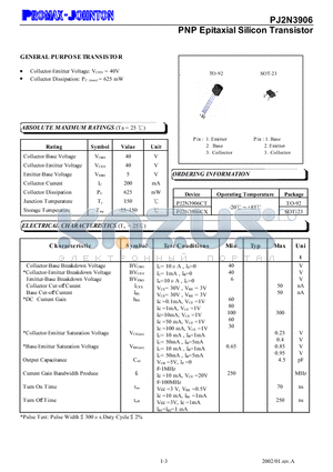 PJ2N3906 datasheet - PNP Epitaxial Silicon Transistor