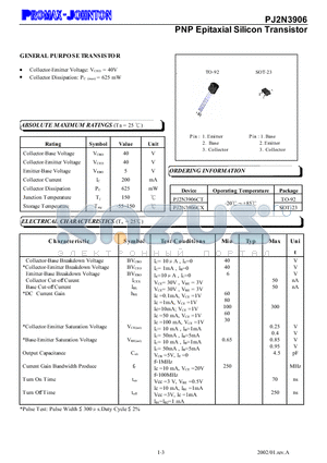 PJ2N3906CX datasheet - PNP Epitaxial Silicon Transistor