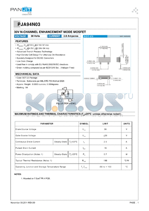 PJA94N03_R2_00001 datasheet - 30V N-CHANNEL ENHANCEMENT MODE MOSFET