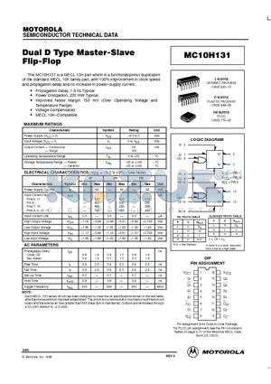 MC10H131 datasheet - Dual D Type Master-Slave Flip-Flop