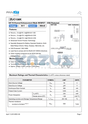 PJC138K_R1_00001 datasheet - 50V N-Channel Enhancement Mode MOSFET . ESD Protected