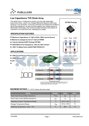 PJDLLLC05 datasheet - Low Capacitance TVS Diode Array