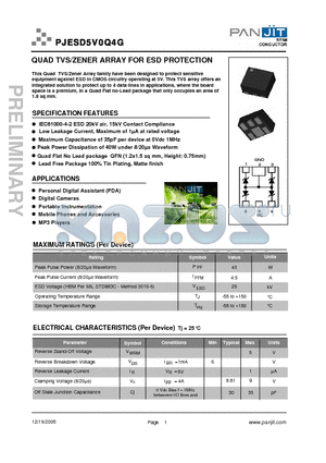 PJESD5V0Q4G datasheet - QUAD TVS/ZENER ARRAY FOR ESD PROTECTION