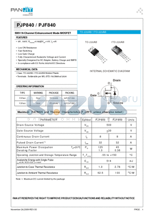 PJF840 datasheet - 500V N-Channel Enhancement Mode MOSFET