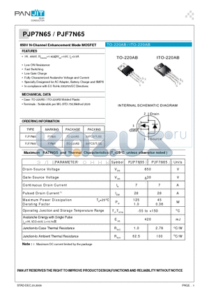 PJP7N65 datasheet - 650V N-Channel Enhancement Mode MOSFET