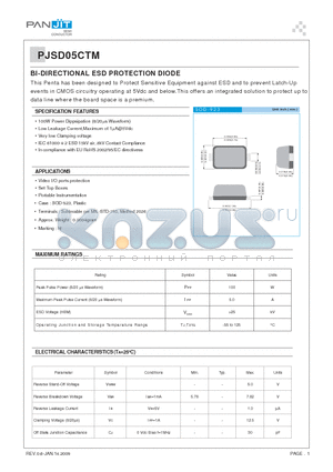 PJSD05CTM datasheet - BI-DIRECTIONAL ESD PROTECTION DIODE