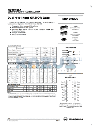 MC10H209 datasheet - Dual 4-5- Input OR/NOR Gate