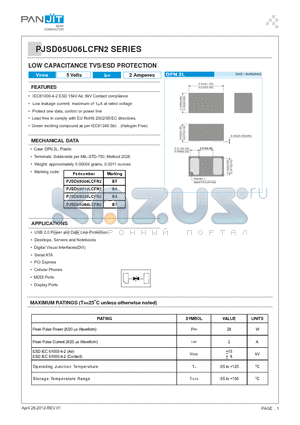 PJSD05U10LCFN2_R1_00001 datasheet - LOW CAPACITANCE TVS/ESD PROTECTION