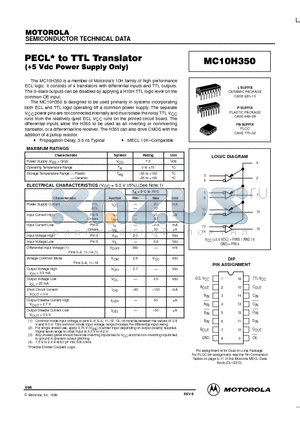 MC10H350 datasheet - PECL* to TTL Translator(5 Vdc Power Supply Only)