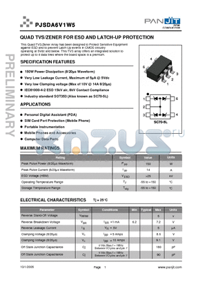 PJSDA6V1W5 datasheet - QUAD TVS/ZENER FOR ESD AND LATCH-UP PROTECTION