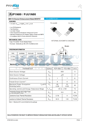 PJU1N80 datasheet - 800V N-Channel Enhancement Mode MOSFET