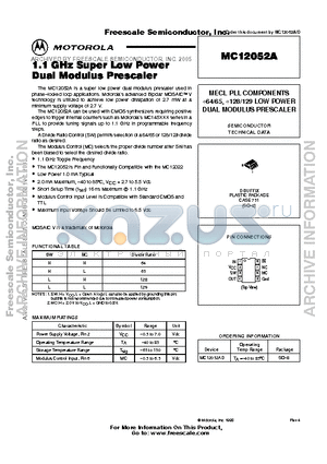 MC12052A datasheet - 1.1 GHz Super Low Power Dual Modulus Prescaler