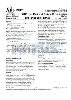 GS880E32T-80 datasheet - 512K x 18, 256K x 32, 256K x 36 8Mb Sync Burst SRAMs